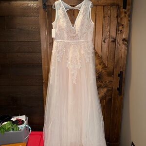 Lace Appliqué V-Neck Tulle Gown in Blush Ivory